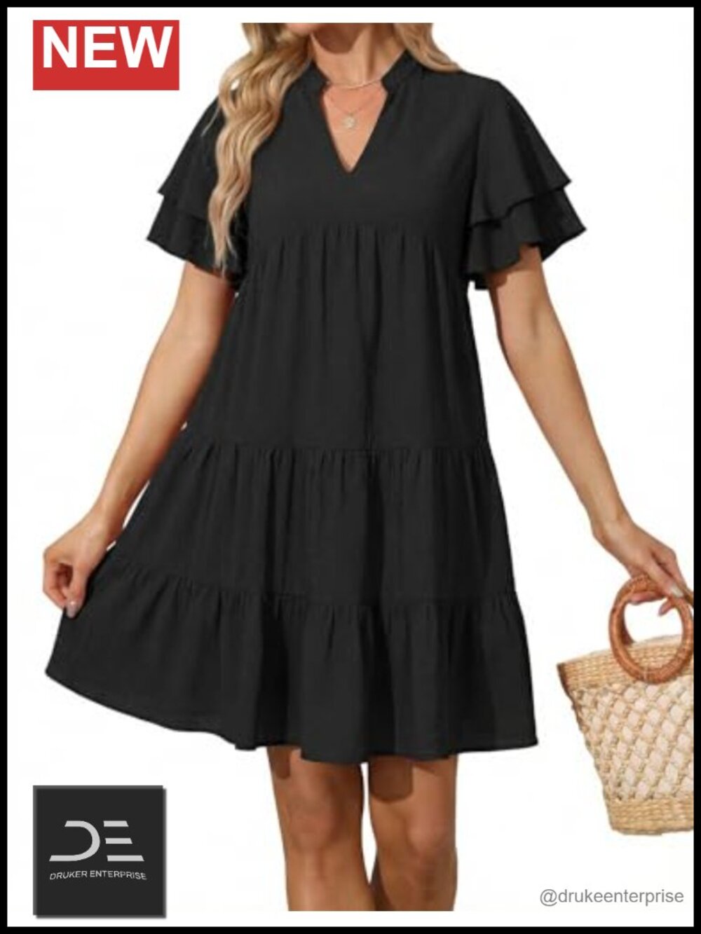 Womens Boho Summer Mini Dress V Neck Ruffle Short Sleeve Flowy A-Line Beach